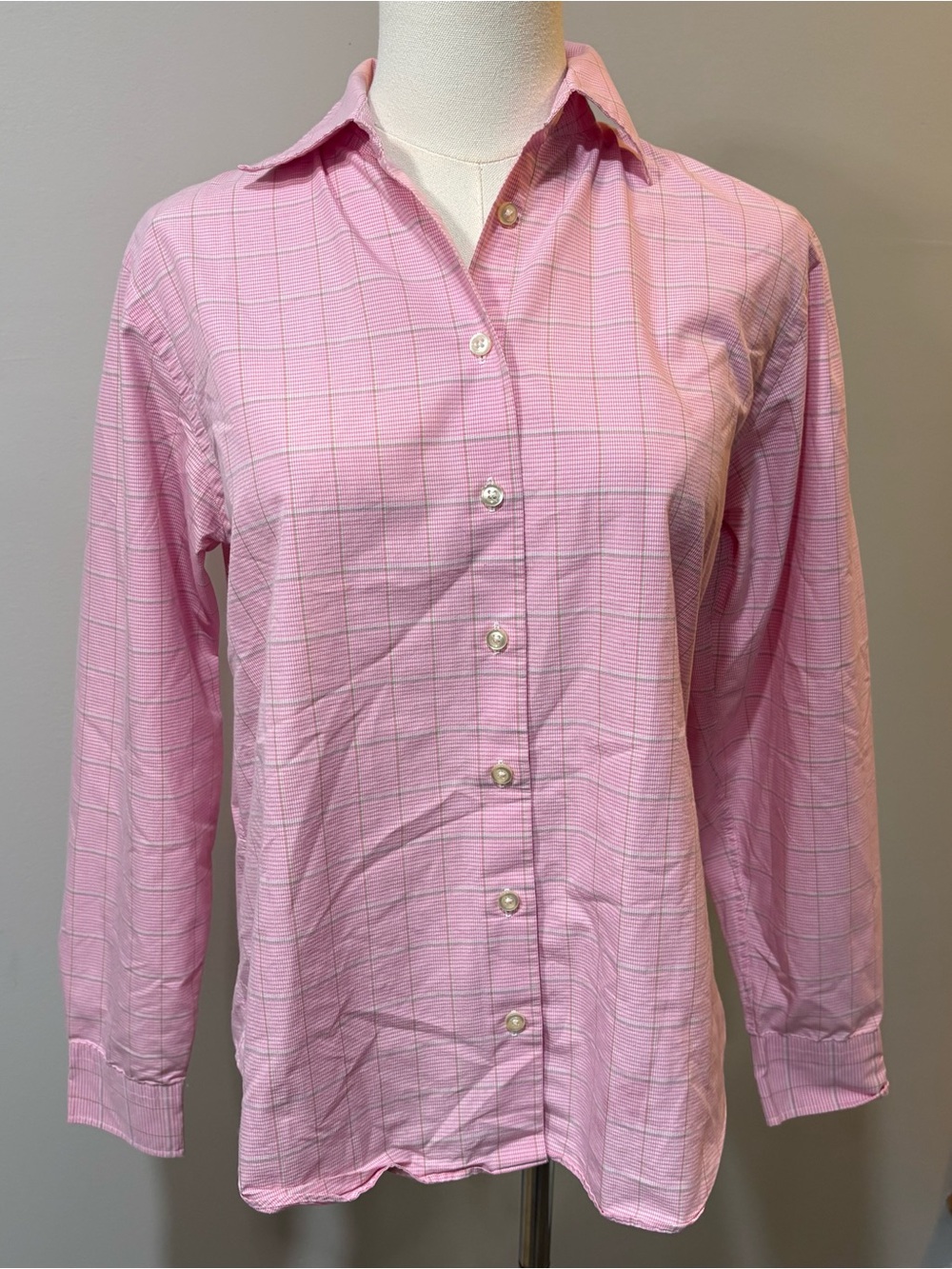 Lands' End Pink Check Button Down Shirt Blouse Womens Sz 6 Preppy Classic Career